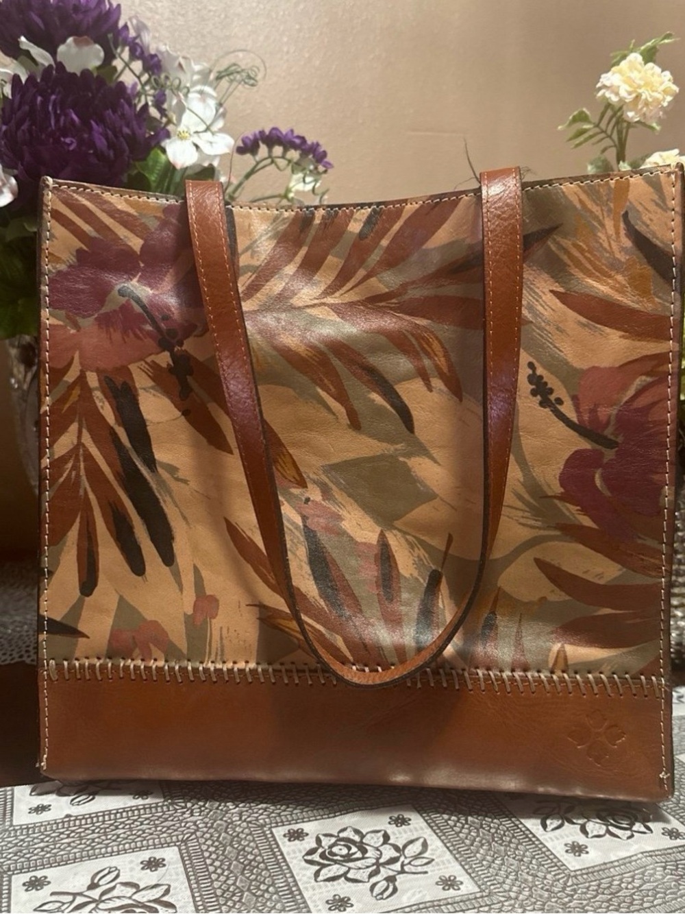 Patricia Nash Floral Leather Tote in Tan, Brown and Burgundy